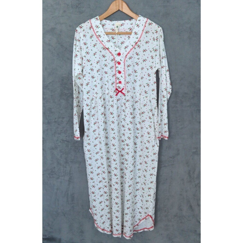 NWT La Cera Long Nightgown Sz Small Red Holly 1508G LS Pajamas 100% Cotton